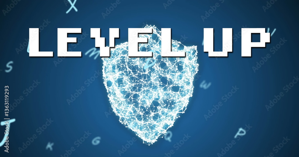 Poster image of level up text over security shield and letters