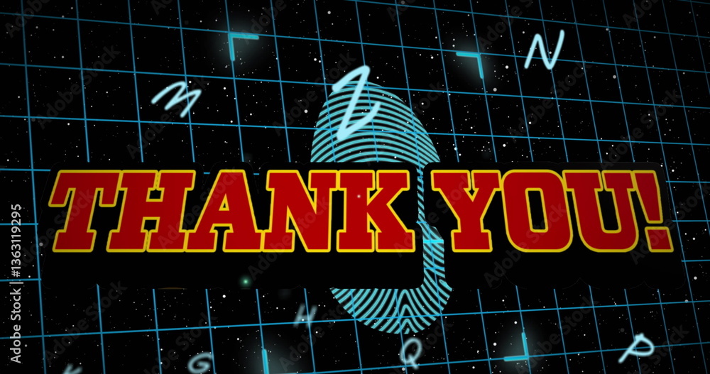 Poster image of thank you text over security finger print and letters on grid