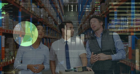 Image of financial data processing over people working in warehouse