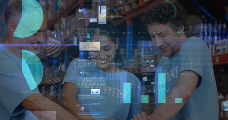 Statistical data processing against male and female volunteers opening donation bags at warehouse