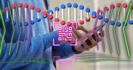 Neon qr code scanner and dna structure spinning against mid section of person using smartphone