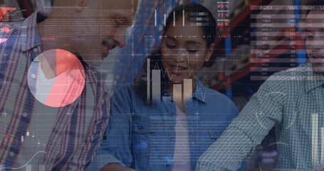 Statistical data processing against male and female volunteers opening donation bags at warehouse