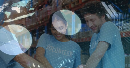 Statistical data processing against male and female volunteers opening donation bags at warehouse