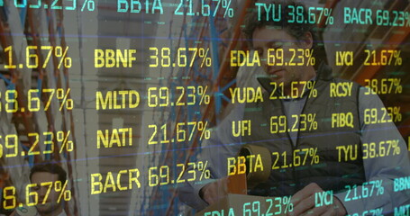 Stock market data processing against caucasian male worker packing boxes at warehouse