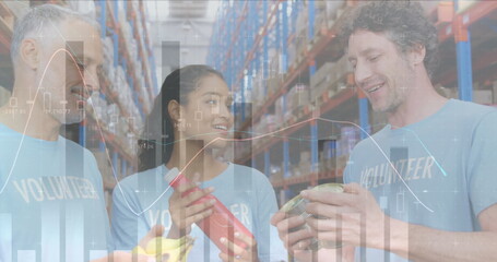 Statistical data processing against male and female volunteers opening donation bags at warehouse