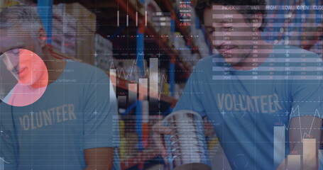 Statistical data processing against two male volunteers opening donation bags at warehouse