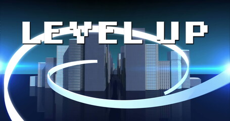 Image of white pixel text level up, with white swirl, over modern cityscape