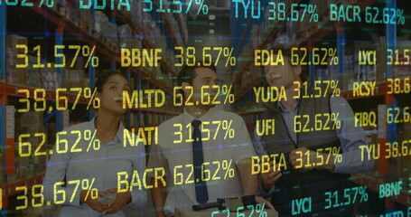 Stock market data processing against diverse male and female supervisors checking stock at warehouse