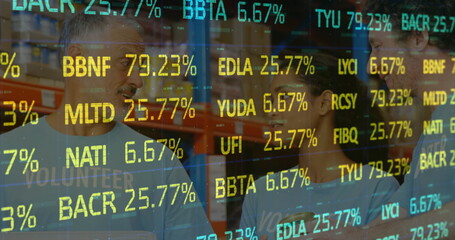 Stock market data processing over male and female volunteers checking their donations at warehouse