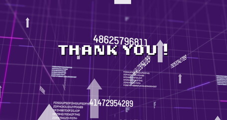 Image of thank you text and arrows over grid and data processing