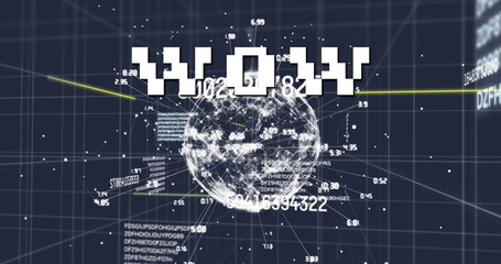 Image of wow text over network of connections and data processing on grid