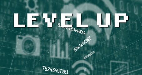 Image of level up text over grid with icons and data processing