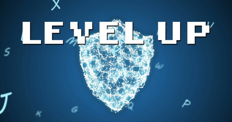 Image of level up text over security shield and letters