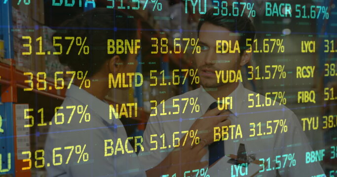 Stock market data processing against male and female supervisor talking to each other at warehouse