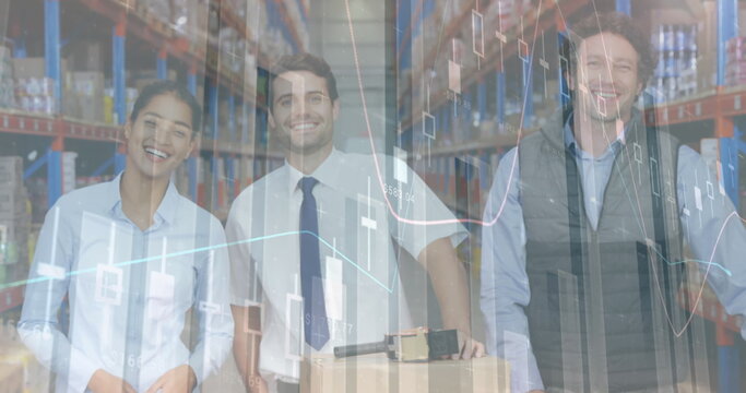 Statistical data processing against diverse male and female supervisors smiling at warehouse