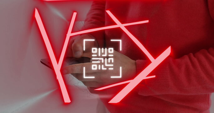 Neon qr code scanner and abstract shapes against mid section of man using smartphone