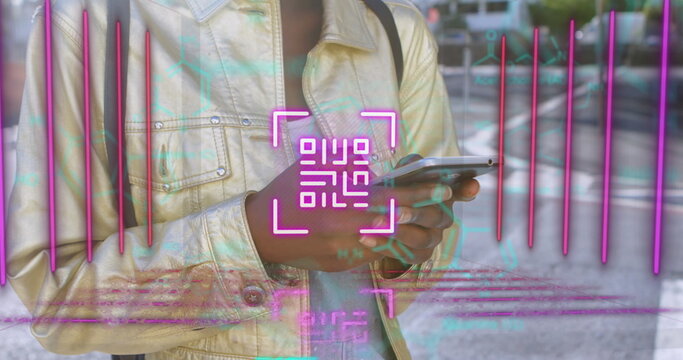 Neon qr code scanner and data processing against mid section of woman using smartphone
