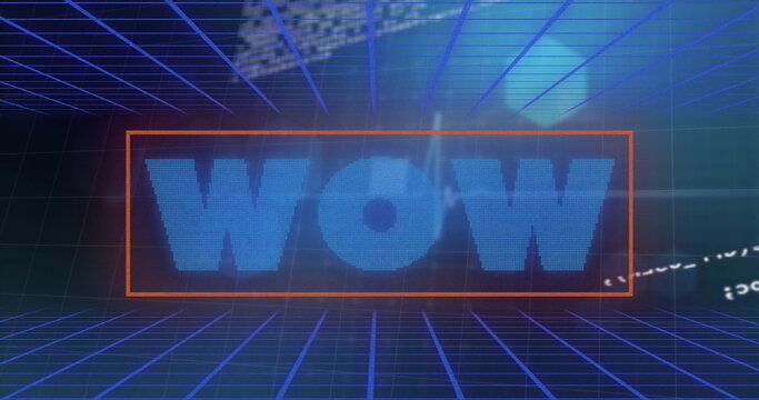 Image of wow text over blue grid and data processing - Powered by Adobe