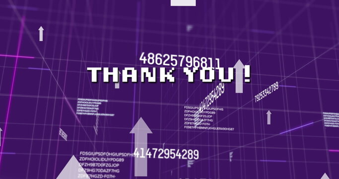 Image of thank you text and arrows over grid and data processing - Powered by Adobe