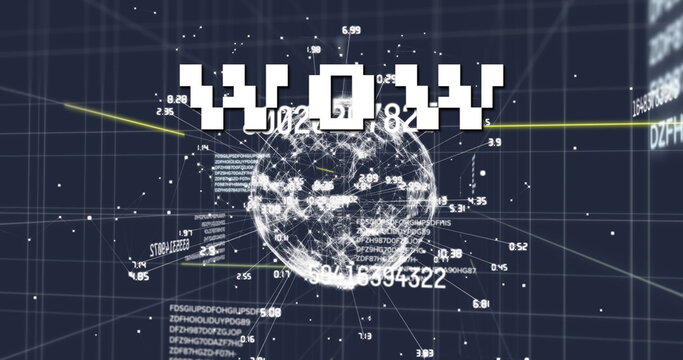 Image of wow text over network of connections and data processing on grid - Powered by Adobe
