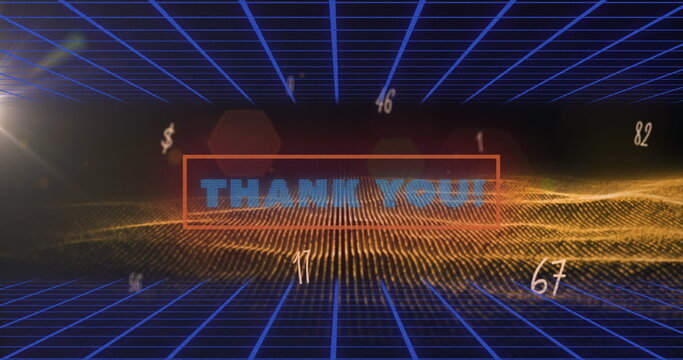 Image of thank you text over grid and flying numbers - Powered by Adobe