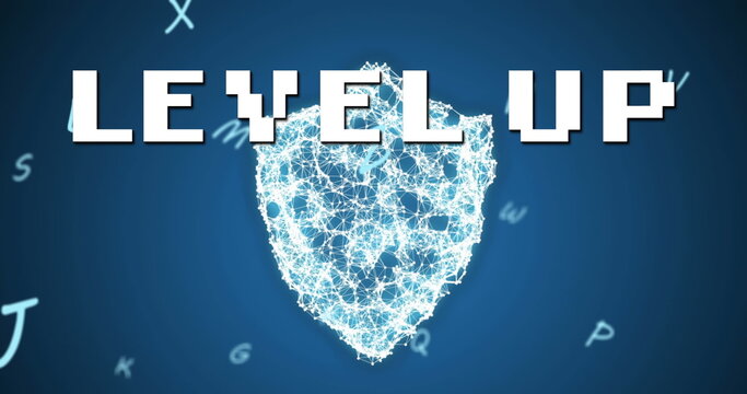Image of level up text over security shield and letters - Powered by Adobe