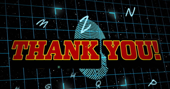 Image of thank you text over security finger print and letters on grid - Powered by Adobe