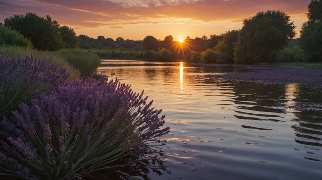 Serene sunset over a river with blooming lavender and lush greenery.
