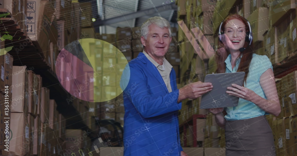 Poster image of statistics and data processing over man and woman with clipboard in warehouse