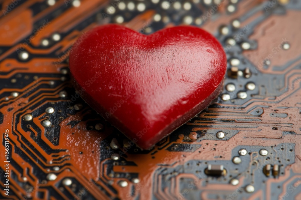 Aufkleber heart symbolizing love on a circuit board background showcasing technology and emotions in a creativ