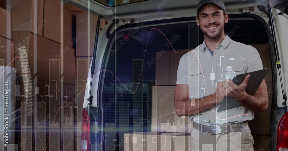 Poster image of statistics processing over delivery man with clipboard and cardboard boxes