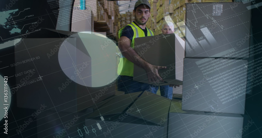 Poster image of statistics and financial data processing over delivery man