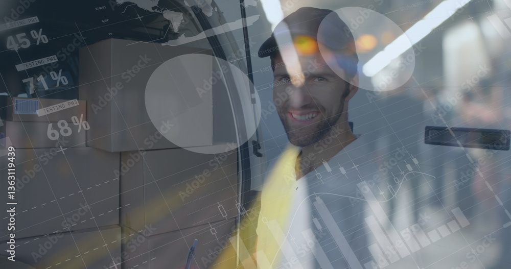 Poster statistical data processing against portrait of caucasian delivery man with clipboard smiling