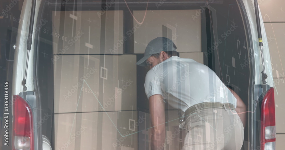 Poster image of statistics and financial data processing over delivery man and van