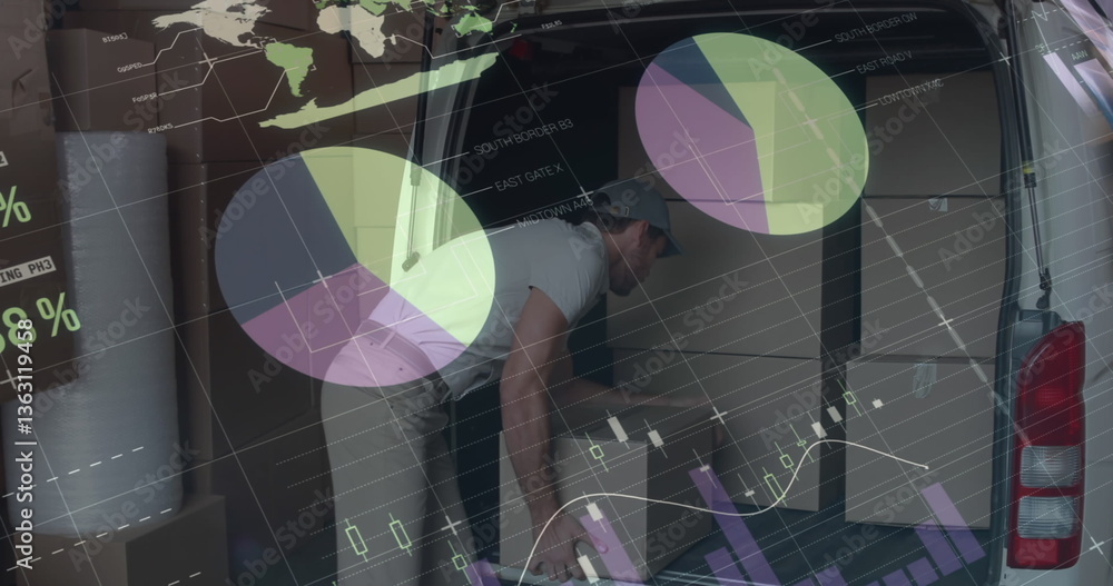 Poster statistical data processing against caucasian delivery man stacking boxes in his delivery van