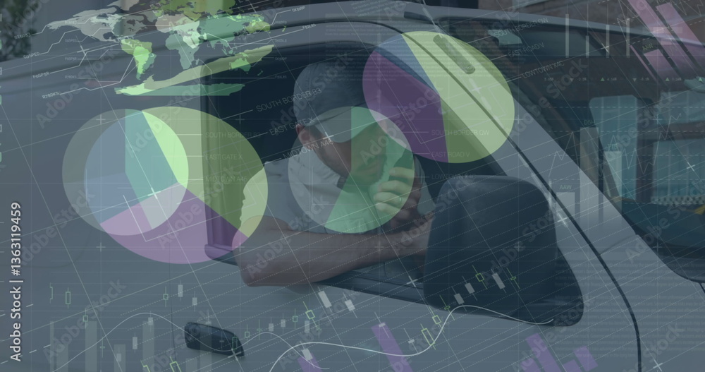 Poster image of statistics and financial data processing over delivery man and van