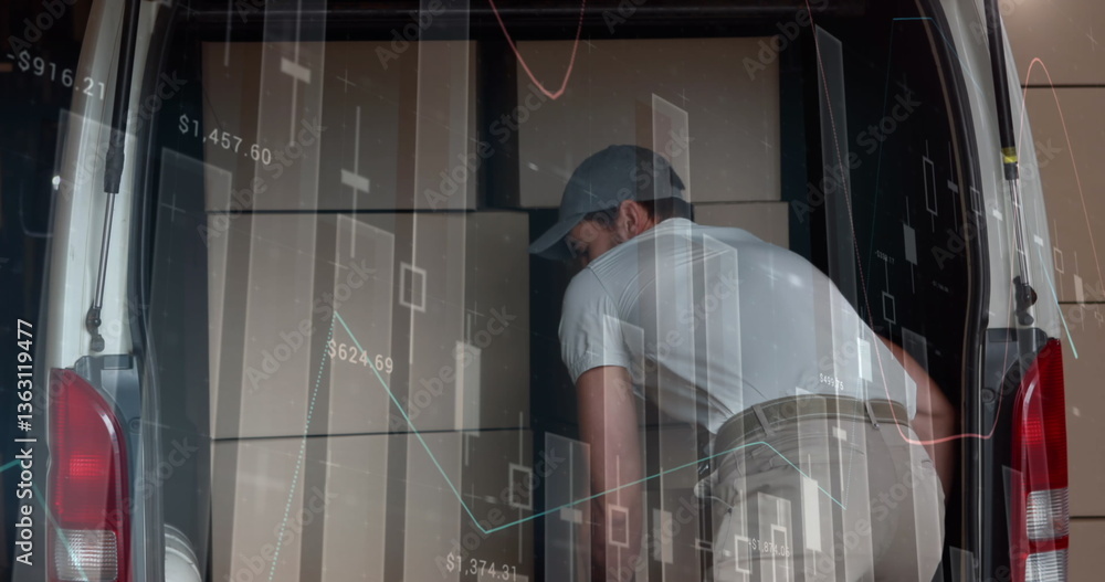 Poster statistical data processing against caucasian delivery man removing boxes from his delivery van
