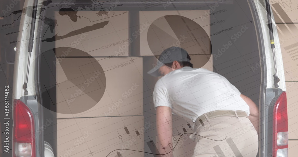 Poster statistical data processing against caucasian delivery man removing boxes from his delivery van