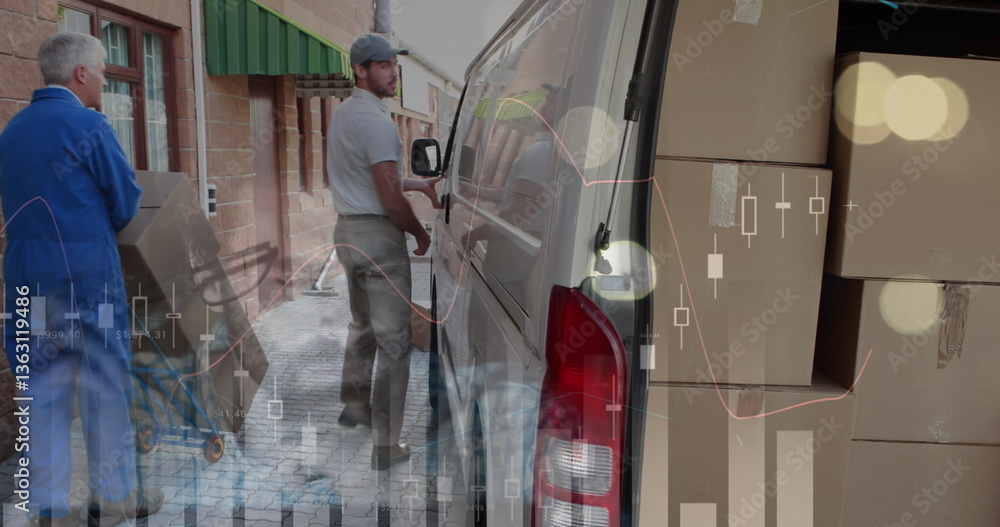 Poster image of statistics and financial data processing over delivery man and van