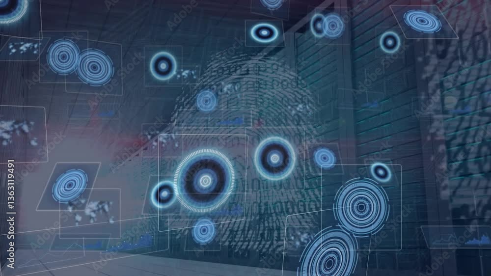 Aufkleber in school, animation showing futuristic fingerprint scanning with digital patterns