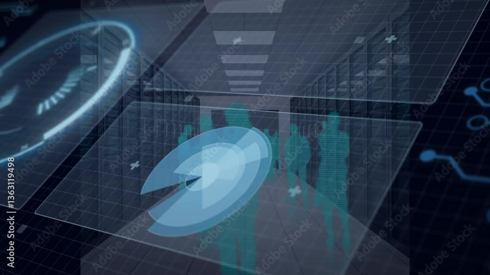 Poster futuristic data processing animation over people in server room environment