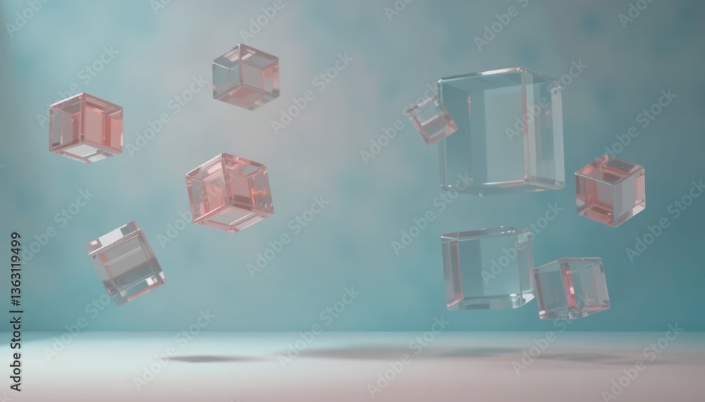 Poster floating transparent cubes modern studio 3d animation minimalist environment aesthetic perspective v