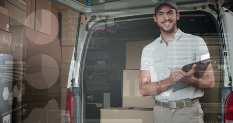 Image of statistics and financial data processing over delivery man