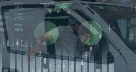 Statistical data processing over caucasian male delivery man talking on a walkie talkie in his van