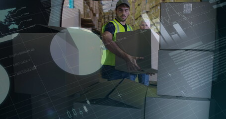 Image of statistics and financial data processing over delivery man