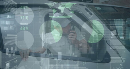 Statistical data processing over caucasian male delivery man talking on a walkie talkie in his van