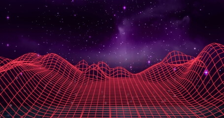 Image of glowing neon lights over grid and map lines