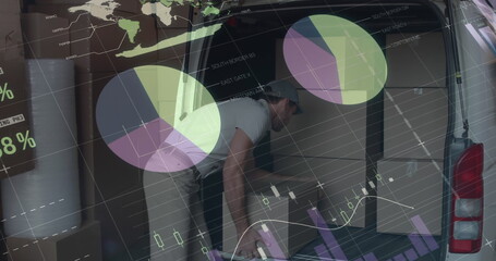 Statistical data processing against caucasian delivery man stacking boxes in his delivery van