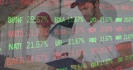 Image of financial data processing over delivery man and van