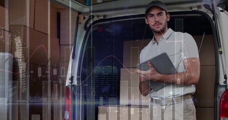 Image of statistics and financial data processing over delivery man and van